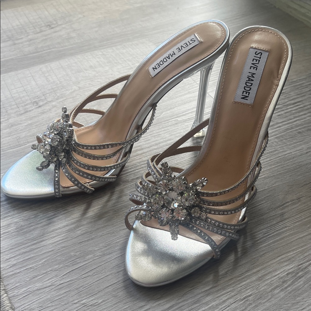 Steve Madden Silver Embellished Strappy Heels